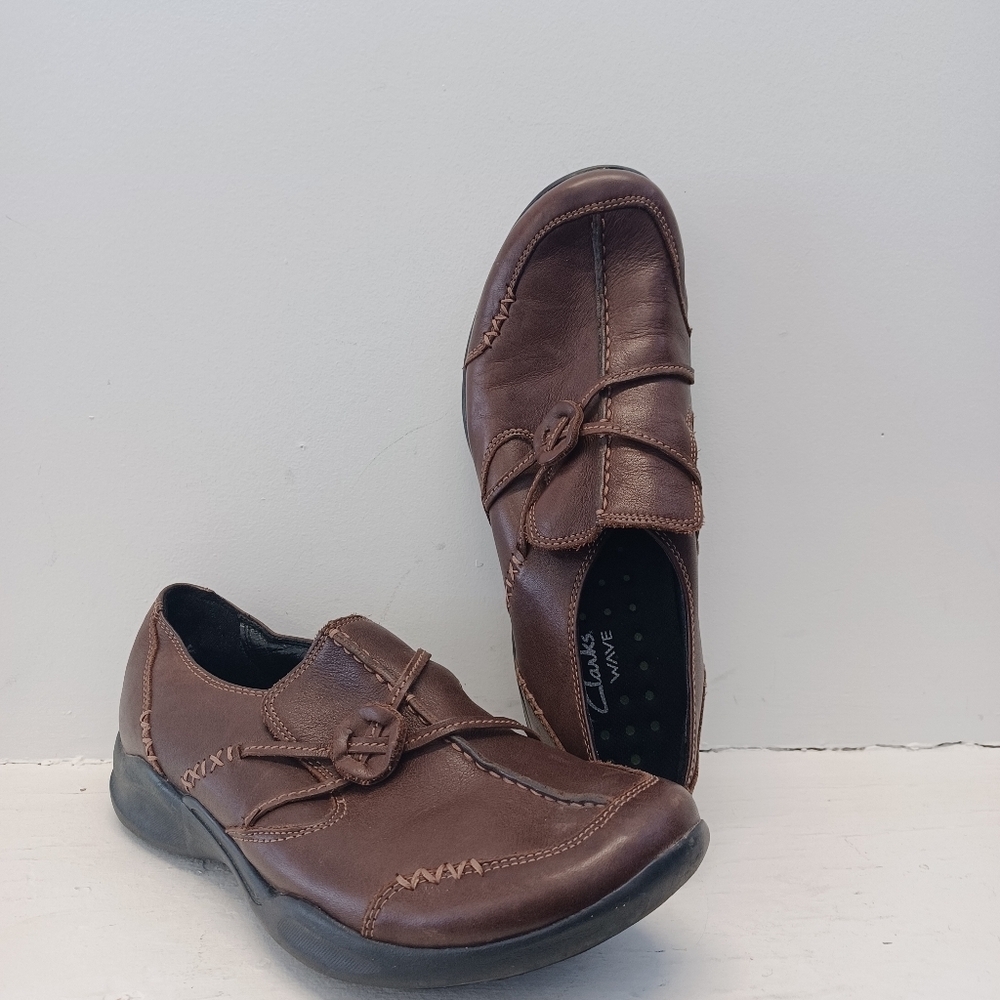 Clarks Wave Brown Leather Upper Slip-On Walking Loafers Shoe Size 8M 86564